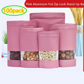 100шт Розовая Алюминиевая Фольга Zip Lock Stand Up Сумка с Матовым Окном Self Grip Seal Разрывная Насечка Doypack Пакеты Для Упаковки Пищевых продуктов