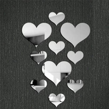 10шт 3D Зеркальная наклейка на стену с сердечками любви Прочные простые наклейки на стену 