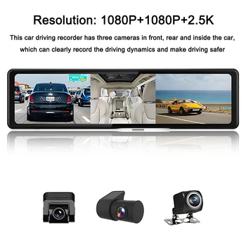 12in 2.5K Dash Cam 3 Камеры Прозрачное Зеркало Заднего Вида Автомобиля BT Автомобильная Видеозапись Рекордер Автомобильной Камеры Carplay Auto Driving Recorder