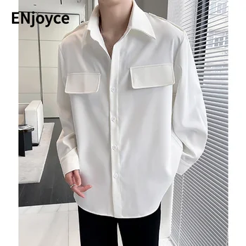 2023 Весенние Мужские Белые рубашки с карманами, мужская повседневная Свободная шифоновая рубашка с длинным рукавом, Винтажные модные блузки на каждый день