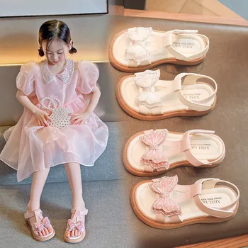 2023 Летние новые детские сандалии для девочек с мягкой подошвой и нескользящим бантом, Сказочная обувь для Корейских детей, модная обувь принцессы с жемчугом