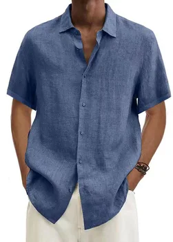 2023 Летняя новая мужская хлопчатобумажная льняная рубашка однотонного цвета с лацканами, свободная рубашка с короткими рукавами для мужчин