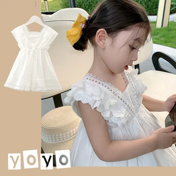 2023 Новые Летние платья для девочек Детская одежда Тонкий Жилет Детское Полое кружевное Белое платье для маленьких модных девочек Princess Vestidos