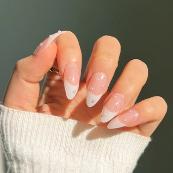 24шт носимых белых французских накладных ногтей в форме капли воды, съемных перламутровых глянцевых накладных ногтей, прижимаемых к ногтям с помощью набора клея