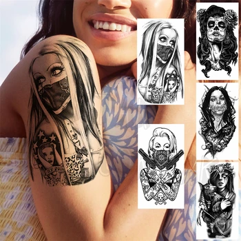 3D Временные татуировки с гангстерским пистолетом в черной маске для женщин и мужчин, искусственная татуировка в виде черепа в виде розы, боди-арт, Стираемые татуировки с коротким рукавом