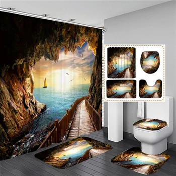 3D Закат, Восход Солнца, Пляж, Пещера, Морской пейзаж, Водонепроницаемая занавеска для душа, наборы для ванной комнаты из полиэстера, нескользящий коврик для ванной, ковер
