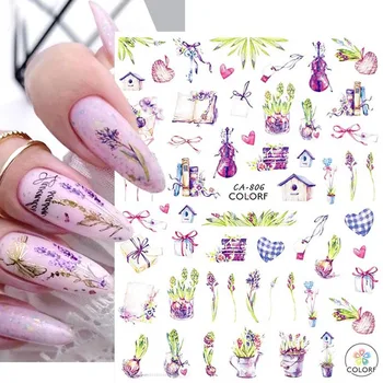 3D наклейки для ногтей в виде цветов, Розовые, фиолетовые, с цветочным листом, наклейки для ногтей, Клейкий слайдер для девочек, Весенняя фольга, украшения для маникюра.