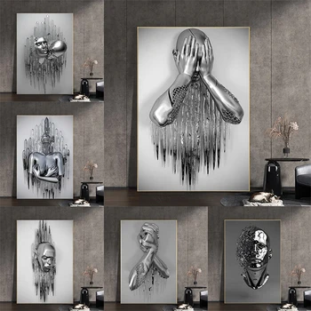 3D Персонажи из серого металла Современная абстрактная живопись на холсте для тела Печать плаката Домашний декор Настенная художественная картина для гостиной Бескаркасная