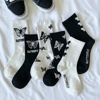 5 пар Модных носков-бабочек в стиле хип-хоп, женские хлопчатобумажные носки в стиле хип-хоп, Уличные спортивные Белые носки для скейтборда, носки Harajuku Lolita
