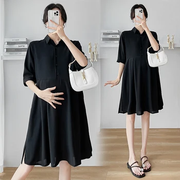 6034 # 2023 Летнее Модное Черное платье-блузка для беременных с коротким рукавом трапециевидной формы, свободные топы, одежда для беременных, беременность
