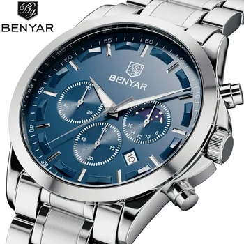 Benyar Для мужских часов, Спортивный хронограф, Стальной ремешок, кварцевые армейские наручные часы марки Moon Phase Relogio Masculino