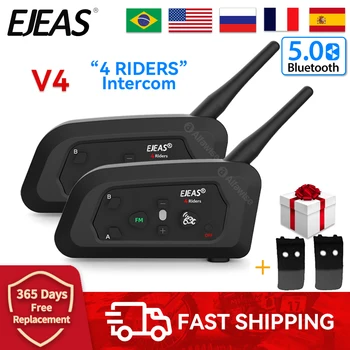EJEAS V4 4 Riders Bluetooth Интерком для мотоциклетного шлема Водонепроницаемый коммуникатор Гарнитура для шлема с FM Ridao Bt 5.0 Full Duplex