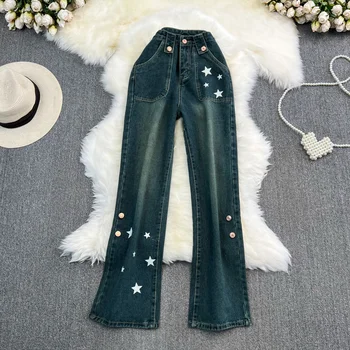 Foamlina Длинные джинсовые брюки с принтом звезд в стиле ретро, новинка 2023 года, весенне-летние женские джинсовые брюки с высокой талией и широкими штанинами полной длины