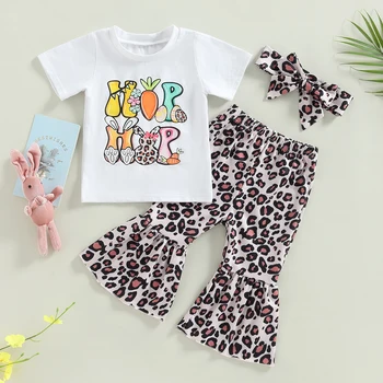 FOCUSNORM, комплекты пасхальной одежды для маленьких девочек от 0 до 4 лет, футболка с буквенным принтом из мультфильма + леопардовые расклешенные брюки + повязка на голову