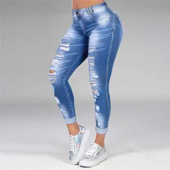 FUAMOS 2023 Модные рваные узкие джинсы с высокой талией, женские Узкие Европейско-американские хлопчатобумажные брюки-стрейч, Повседневные женские брюки