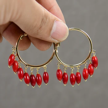 G-G Красные коралловые позолоченные медные серьги-кольца в виде круга в винтажном стиле для подарков для леди на вечеринку