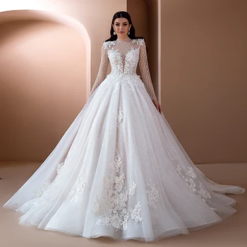 Gelinlik Бальное платье с длинным рукавом, Свадебное платье с 3D цветами, Роскошное Vestido De Novia, Аппликации из бисера, Винтажный Свадебный халат