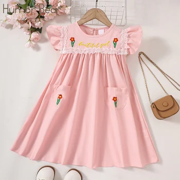 Humor Bear 2023 Новая детская одежда, платье для девочек, платье с летящими рукавами, платье с вышивкой в стиле леди, детская одежда для 2-6 лет