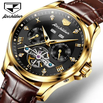 JSDUN 8926 Водонепроницаемые мужские часы с ремешком из натуральной кожи, автоматические механические наручные часы для деловых людей, светящийся календарь