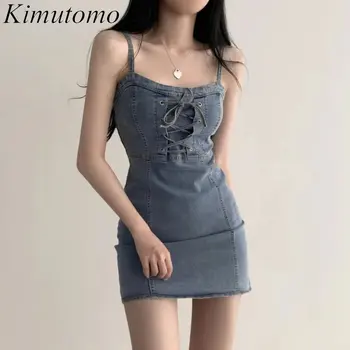 Kimutomo Элегантное Тонкое джинсовое платье-спагетти на шнуровке, женское винтажное платье с вырезом лодочкой и высокой талией, Однотонные Простые Универсальные платья