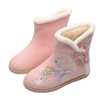 Kruleepo/ осенне-зимние Модные плюшевые ботинки, обувь для детей, для девочек, для маленьких детей, резиновые пинетки в традиционном китайском стиле