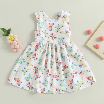 Listenwind/ белое платье для девочек для малышей от 3 до 7 лет, платье принцессы без рукавов с принтом бабочки, повседневное платье с перекрестной открытой спиной на лето