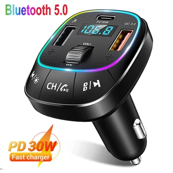 PD 30 Вт Bluetooth 5,0 FM-передатчик, беспроводной автомобильный комплект громкой связи, FM-модулятор, быстрая зарядка 3,0, двойной USB-накопитель, MP3-плеер.