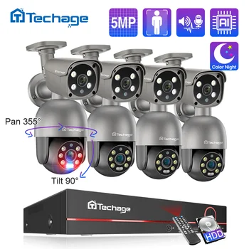 Techage H.265 8-КАНАЛЬНАЯ 5-Мегапиксельная система POE-камеры для обнаружения человека, цветной комплект видеонаблюдения ночного видения Bullet & PTZ для наружного видеонаблюдения P2P