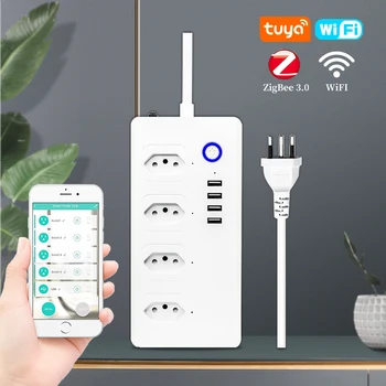Tuya Smart Wifi / ZigBee Power Strip, 4 розетки, 4 USB-разъема, удлинитель 1,5 м, сетевой фильтр для Alexa Google Home