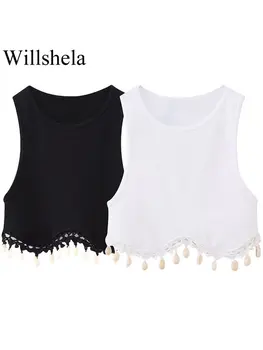 Willshela / Женские модные однотонные укороченные топы на бретелях с бисером, винтажные женские топы без рукавов с круглым вырезом, Шикарные женские топы