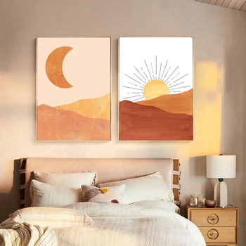 Абстрактный оранжевый плакат с Солнцем и Луной, настенные панно для спальни, декор, пейзаж с дюнами пустыни, принты для гостиной