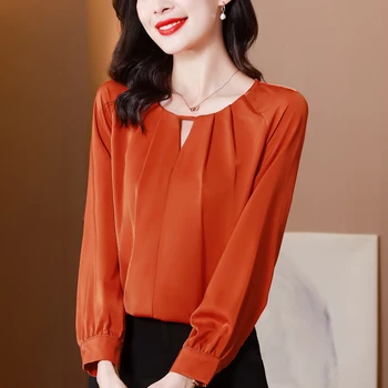 Атласная блузка TingYiLi с замочной скважиной на шее, Женская Демисезонная Свободная Оранжевая блузка с длинным рукавом, Корейские Элегантные Женские Офисные блузки-рубашки