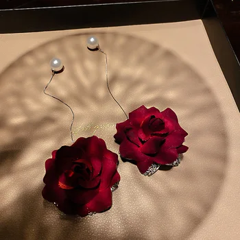Бархатные серьги с красной розой FYUAN, длинные жемчужные серьги для женщин, Свадебные Украшения для невесты, Аксессуары