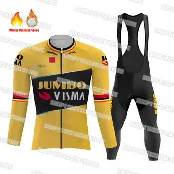 Бельгия, Новый сезон 2023, Комплект джерси для велоспорта Team Jumbo Visma, комплект с длинным рукавом, теплая одежда для шоссейных велосипедов из теплого флиса.
