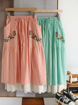 Весенне-летние Женские юбки Mori Kei Gingham в Японском стиле с цветочной вышивкой из искусственного хлопка Twinset Свободные Удобные Хлопчатобумажные Юбки с эластичным Поясом