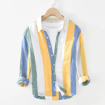 Весенне-летняя модная мужская рубашка из 100% льна в яркую цветную полоску, окрашенная в пряжу, Свежий стиль, Гавайи, пляж, Тонкая блузка, топ