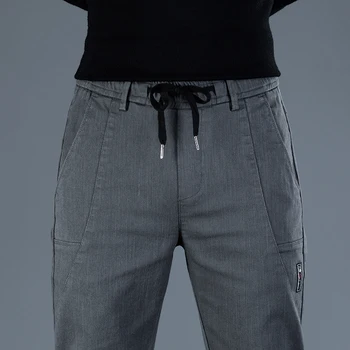 Весенние мужские повседневные брюки Мягкая эластичность, шнуровка на талии, Однотонная карманная аппликация, Корейские Серо-черные рабочие брюки, мужские 38