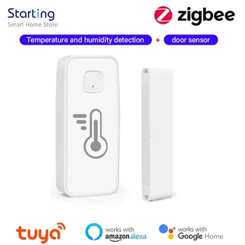 Дверной датчик 2-В-1 Tuya Zigbee, датчик температуры и влажности, умный дом, интеллектуальная защита безопасности, работает с Alexa Google