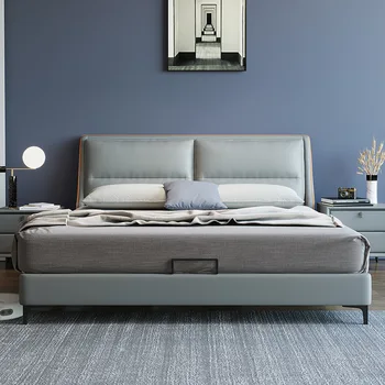 Двуспальная кровать из натуральной кожи скандинавская кожаная кровать 1,8 м м двуспальная кровать итальянская современная и контрактная светлая кровать большая супружеская кровать мягкая па