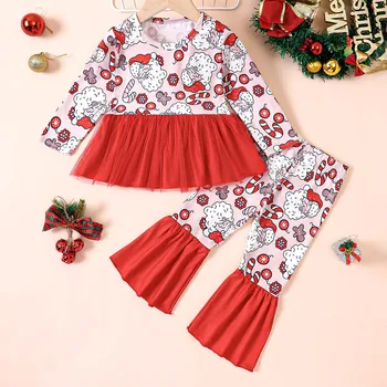 Детский комплект в рождественском стиле для девочек, топы с длинными рукавами и штаны в цветочек с мультяшным принтом, 2 предмета одежды, детская одежда ropa