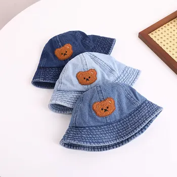 Джинсовые шапочки-ведерки с вышивкой милого медвежонка, кепка рыбака с защитой от солнца для мальчиков и девочек, летние детские аксессуары