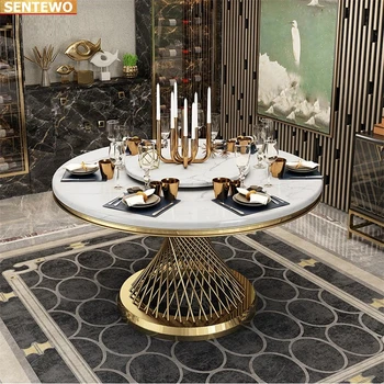 Дизайнерский Роскошный круглый обеденный стол из мраморной плиты, обеденный стол на 6 стульев, мебель mesa comedor sillas, основание из нержавеющей стали и золота