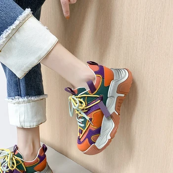Женская вулканизированная обувь Tenis De Mujer 2023, Осенняя модная обувь на шнуровке, Смешанная Цветная спортивная обувь на платформе для женщин, кроссовки