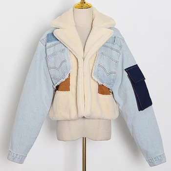 Женская зимняя куртка из овечьей шерсти в стиле пэчворк контрастного цвета, тяжелая свободная джинсовая куртка, пальто
