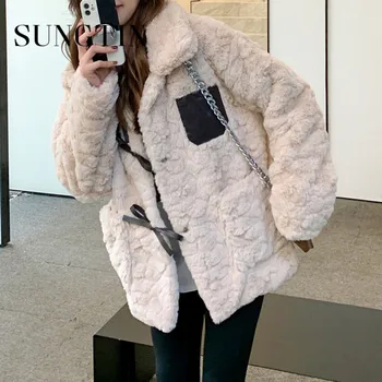 Женская куртка Sungtin, пальто из овечьей шерсти с бантом в стиле пэчворк, осенне-зимние утепленные теплые куртки, женские стильные повседневные топы с корейской подкладкой