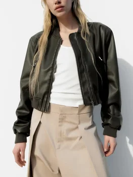 Женская куртка Traf, осенняя куртка-бомбер из искусственной кожи на молнии 2023, верхняя одежда Оверсайз, пальто Zatra, женская шикарная женская куртка-бомбер, уличная одежда