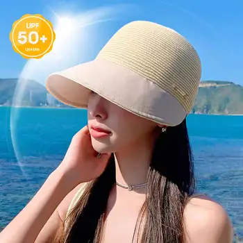 Женская солнцезащитная шляпа с большими полями для пляжной прогулки летом На Открытом воздухе, Пляжная Солнцезащитная Кепка с защитой от Ультрафиолета, повседневная Широкополая Шляпа-ведро