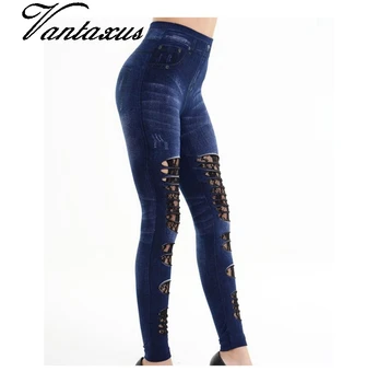 Женские джинсовые брюки для фитнеса, рваные кружевные растянутые леггинсы с цветочным рисунком, повседневные синие леггинсы в стиле панк, ночной бар, клуб