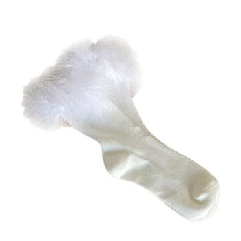 Женские Зимние хлопковые носки для девочек в рубчик, японский стиль Harajuku, Милая пушистая принцесса из искусственных перьев, середина