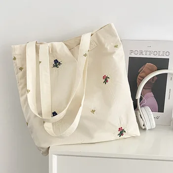 Женские сумки через плечо с вышивкой в виде цветочка, большая вместительная сумка для покупок, студенческий школьный ранец